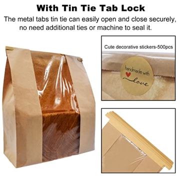 Kraft Bread Bags 100 Pack with Clear Window and Tabs