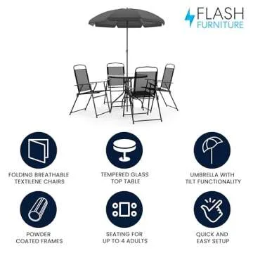Flash Furniture Nantucket 6-Piece Patio Dining Set with Glass Table, 4 Folding Chairs, and Umbrella,...
