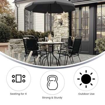 Flash Furniture Nantucket 6-Piece Patio Dining Set with Glass Table, 4 Folding Chairs, and Umbrella, Outdoor Patio Set, Black