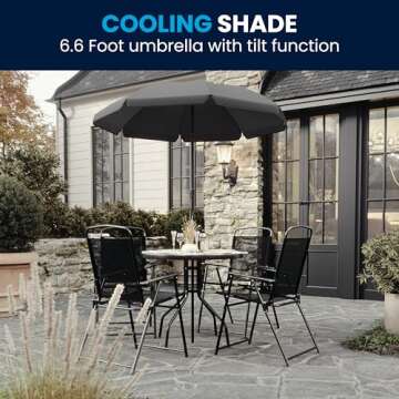 Flash Furniture Nantucket 6-Piece Patio Dining Set with Glass Table, 4 Folding Chairs, and Umbrella, Outdoor Patio Set, Black