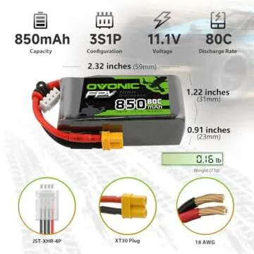 OVONIC Lipo Battery 850mAh 80C 11.1V 3S RC Battery with XT30 Connector for RC Plane DJI Quadcopter R...