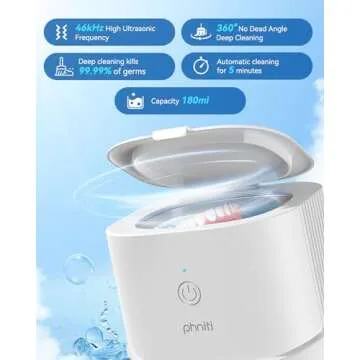 Ultrasonic Jewelry Cleaner, Phniti 46kHz Professional Portable Ultrasonic Retainer Cleaner Machine with Timer for Dental Retainer, Mouth Guard, Watch, Ring, Diamond - Household Use, White