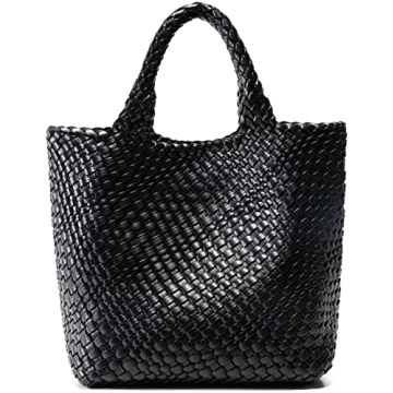 Woven Bag for Women, Vegan Leather Tote Bag Large Summer Beach Travel Handbag and Purse Retro Handma...
