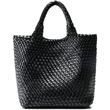Woven Vegan Leather Tote Bag - Versatile Summer Handbag and Purse (Black)