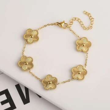 OSIRIDEH2 3Pc 18K Gold Plated Flower Design Stainless Steel Necklace for Women, Elegant Floral Style Necklace Bracelet Jewelry Gift (Green 3pcs)