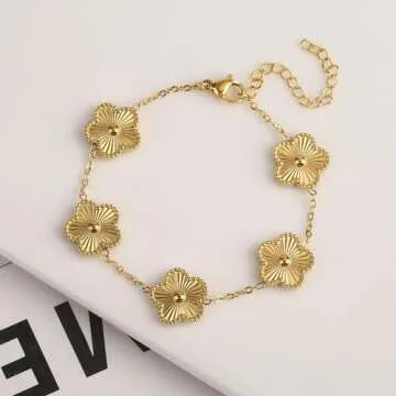 OSIRIDEH2 3Pc 18K Gold Plated Flower Design Stainless Steel Necklace for Women, Elegant Floral Style Necklace Bracelet Jewelry Gift (Green 3pcs)