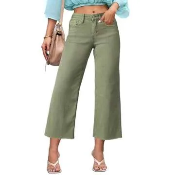 Allimy Women's High Waisted Straight Ankle Wide Leg Ripped Jeans Frayed Hem Stretchy Capri Denim Pan...