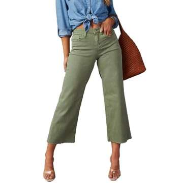 Allimy Women's High Waisted Straight Ankle Wide Leg Ripped Jeans Frayed Hem Stretchy Capri Denim Pants Olive Size 8