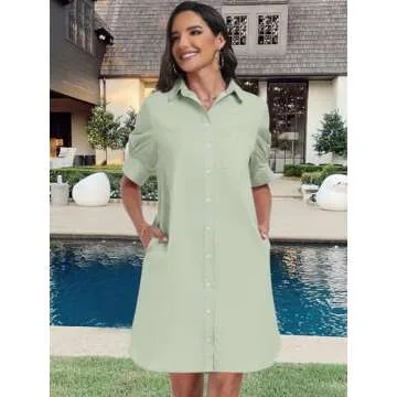 ANRABESS Womens Button Down Shirt Dress with Pockets Short Sleeve Loose Business Casual Summer Beach Tunics Dresses Tops Light Green Large