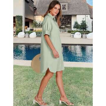 ANRABESS Womens Button Down Shirt Dress with Pockets Short Sleeve Loose Business Casual Summer Beach Tunics Dresses Tops Light Green Large