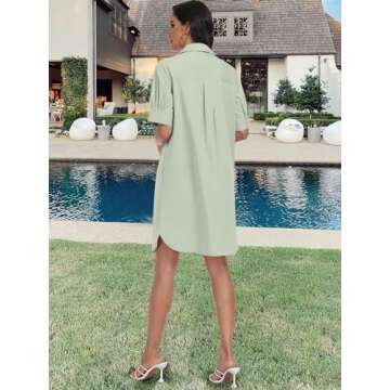 ANRABESS Womens Button Down Shirt Dress with Pockets Short Sleeve Loose Business Casual Summer Beach Tunics Dresses Tops Light Green Large