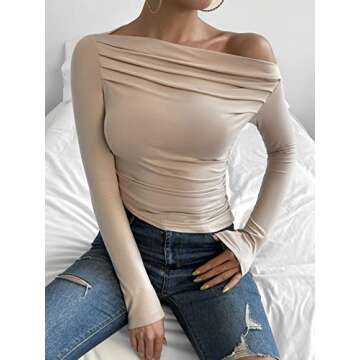 Floerns Women's Asymmetrical Neck Long Sleeve Ruched Solid Crop Top Tee Shirt Apricot L