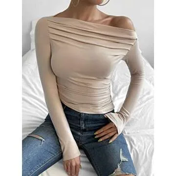 Floerns Women's Asymmetrical Neck Long Sleeve Ruched Solid Crop Top Tee Shirt Apricot L