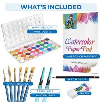 KEFF Watercolor Paint Set for Kids - 36 Water Colors Art Supplies Painting Kit with Brushes, Refilla...
