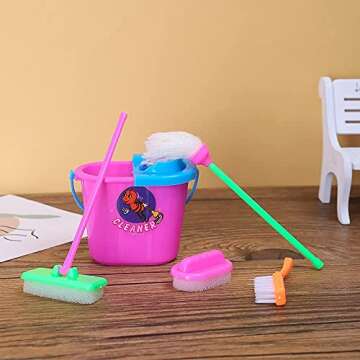 E-TING Miniature Mop Dust Pan, Brush, Broom, Plastic Bucket Doll Housework Cleaning Supplies Tools Set Dollhouse Furniture Decoration Accessories for 7-11.5 inch Dolls Accessories, Multicolored
