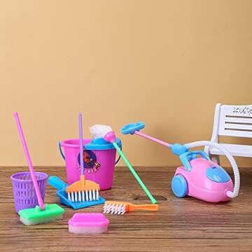 E-TING Miniature Mop Dust Pan, Brush, Broom, Plastic Bucket Doll Housework Cleaning Supplies Tools Set Dollhouse Furniture Decoration Accessories for 7-11.5 inch Dolls Accessories, Multicolored