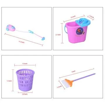 E-TING Miniature Mop Dust Pan, Brush, Broom, Plastic Bucket Doll Housework Cleaning Supplies Tools Set Dollhouse Furniture Decoration Accessories for 7-11.5 inch Dolls Accessories, Multicolored