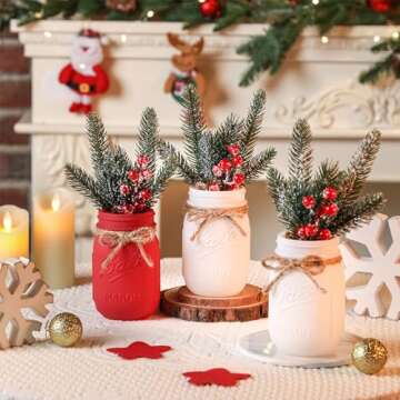 Christmas Mason Jars, Christmas Centerpieces for Tables, Wood Tray & 3 Painted Decorative Jars, Chri...