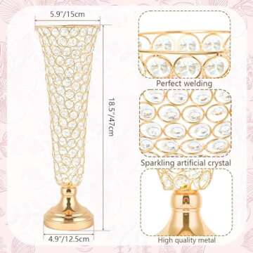 Kehail 2-Pack 18.5" Tall Gold Vases, Engraved Crystal Trumpet Vase, Gorgeous Centerpiece Flower Stan...
