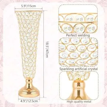 Kehail 2-Pack 18.5" Tall Gold Vases, Engraved Crystal Trumpet Vase, Gorgeous Centerpiece Flower Stan...