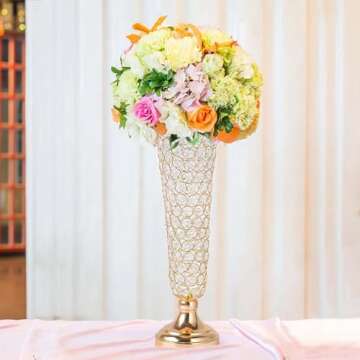 Kehail 2-Pack 18.5" Tall Gold Vases, Engraved Crystal Trumpet Vase, Gorgeous Centerpiece Flower Stand for Wedding Party Anniversary Birthday Home Decor