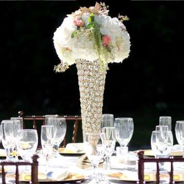 Kehail 2-Pack 18.5" Tall Gold Vases, Engraved Crystal Trumpet Vase, Gorgeous Centerpiece Flower Stand for Wedding Party Anniversary Birthday Home Decor