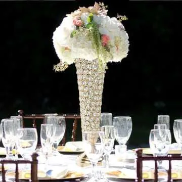 Kehail 2-Pack 18.5" Tall Gold Vases, Engraved Crystal Trumpet Vase, Gorgeous Centerpiece Flower Stand for Wedding Party Anniversary Birthday Home Decor