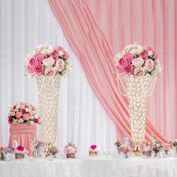Kehail 2-Pack 18.5" Tall Gold Vases, Engraved Crystal Trumpet Vase, Gorgeous Centerpiece Flower Stand for Wedding Party Anniversary Birthday Home Decor