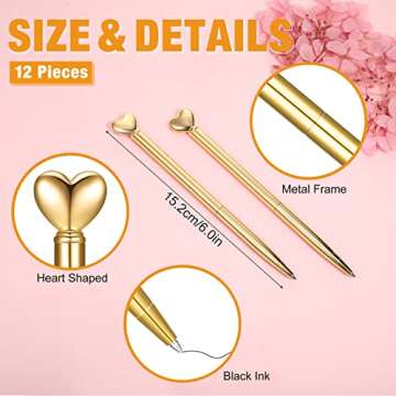 Chinco 12 Pieces Valentine‘s Day Heart Shaped Pens Black Ink Retractable Metal Decorative Cute Pen...