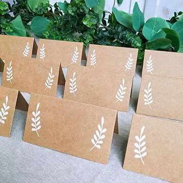 Supla 50 Pcs Kraft Brown Paper Place Cards White Laurel Leaves Christmas Rustic Wedding Table Name Number Blank Table Tent Cards Table Name Tags Table Card Seating Cards Buffet Table Cards