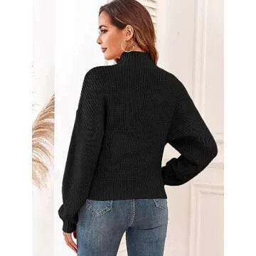 ZAFUL Women's Cropped Turtleneck Sweater Lantern Sleeve Ribbed Knit Pullover Sweater Jumper