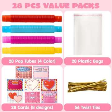 JOYIN 28 Packs Valentines Cards with Pop Tubes for Kids, Pop Tubes with Gift Cards Set, Stretchy Str...