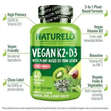 NATURELO Vitamin D3 K2 - Vegan K2+D3 with Plant Based D3 from Lichen - Natural D3 Supplement for Immune System, Bone Support, Heart Health - Whole Food - Non-GMO - Gluten Free, 60 Capsules