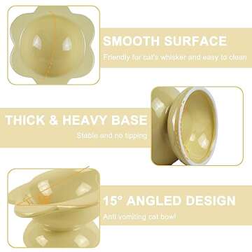 Ceramic Raised Cat Food Bowl, Tilted Flower Shaped Food or Water Bowl for Cats and Small Dogs, Anti Vomiting Pet Feeder Dish Whisker Fatigue Cat Bowl, Butter Yellow