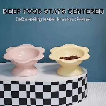 Ceramic Raised Cat Food Bowl, Tilted Flower Shaped Food or Water Bowl for Cats and Small Dogs, Anti Vomiting Pet Feeder Dish Whisker Fatigue Cat Bowl, Butter Yellow