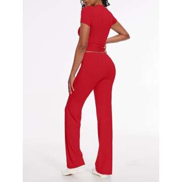 AnotherChill Women's 2 Piece Lounge Sets Straight Leg Pants Set Short Sleeve Crop T-shirt Casual Out...