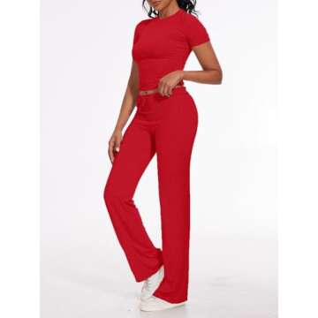 AnotherChill Women's 2 Piece Lounge Sets Straight Leg Pants Set Short Sleeve Crop T-shirt Casual Outfits Comfy Loungewear (Red, X-Small)
