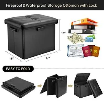 DocSafe Storage Ottoman with Lock,Fireproof Folding Ottoman Foot Rest Stool Storage Chest with Storage Safe for Important Documents,Waterproof 17 Inches Short Ottoman Foot Stool with Handles,Black