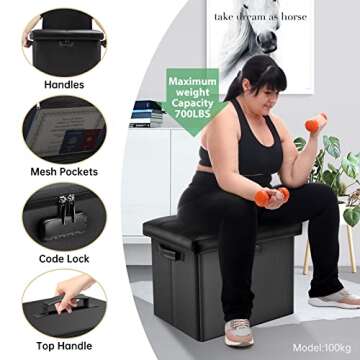 DocSafe Storage Ottoman with Lock,Fireproof Folding Ottoman Foot Rest Stool Storage Chest with Storage Safe for Important Documents,Waterproof 17 Inches Short Ottoman Foot Stool with Handles,Black