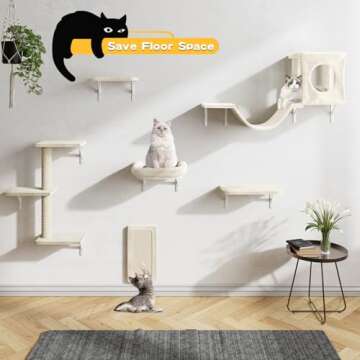 NUNU LAB Cat Wall Shelves, 6 Pcs Luxury Wall-Mounted Cat Climber Set, Indoor Cat Furniture with 1 Cat Condos House, 2 Cat Wall Shelves, 1 Scratching Post, 1 Bridge Ladder, 1 Scratching Pad
