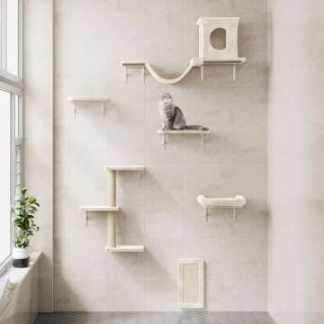 NUNU LAB Cat Wall Shelves, 6 Pcs Luxury Wall-Mounted Cat Climber Set, Indoor Cat Furniture with 1 Cat Condos House, 2 Cat Wall Shelves, 1 Scratching Post, 1 Bridge Ladder, 1 Scratching Pad