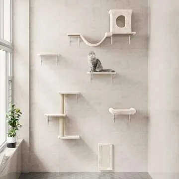 NUNU LAB Cat Wall Shelves, 6 Pcs Luxury Wall-Mounted Cat Climber Set, Indoor Cat Furniture with 1 Cat Condos House, 2 Cat Wall Shelves, 1 Scratching Post, 1 Bridge Ladder, 1 Scratching Pad