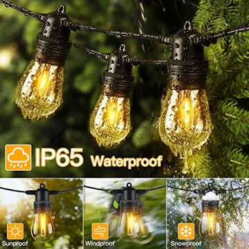 Ollny Outdoor String Lights, 50 FT Waterproof Connectable Patio Lights with 15 Shatterproof Bulbs(2 Spare), Outside Hanging Lights for Balcony, Porch, Yard, Garden, Backyard