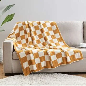 CozeCube Checkered Blanket, Ultra Soft Cozy Brown Orange Checkered Throw Blanket, Warm Fluffy Checkerboard Throw Blanket, Orange and White Checkered Blanket for Couch Bed Sofa, 50x60 Inches