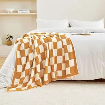 CozeCube Checkered Blanket, Ultra Soft Cozy Brown Orange Checkered Throw Blanket, Warm Fluffy Checkerboard Throw Blanket, Orange and White Checkered Blanket for Couch Bed Sofa, 50x60 Inches