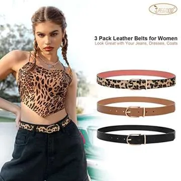 JASGOOD 3 Pack Women’s Leather Belts for Jeans Pants Fashion Ladies Belt with Gold Buckle C-Black+...