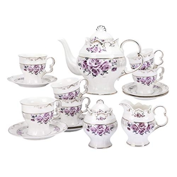 FANQUARE 15 Piece Porcelain Tea Set - Elegant Floral Design, Large Teapot
