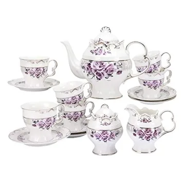 FANQUARE 15 Piece Porcelain Tea Set - Elegant Floral Design, Large Teapot