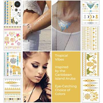 Metallic Temporary Tattoos for Women Teens Girls - 8 Sheets Gold Silver Temporary Tattoos Glitter Shimmer Designs Jewelry Tattoos - 100+ Color Flash Fake Waterproof Tattoo Stickers (Aruba)