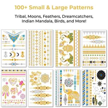 Metallic Temporary Tattoos for Women Teens Girls - 8 Sheets Gold Silver Temporary Tattoos Glitter Shimmer Designs Jewelry Tattoos - 100+ Color Flash Fake Waterproof Tattoo Stickers (Aruba)